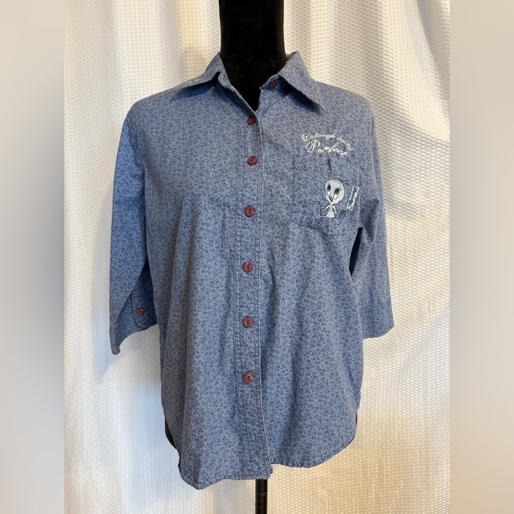 Looney Tunes Tweety Bird blue floral print embroider button down blouse medium